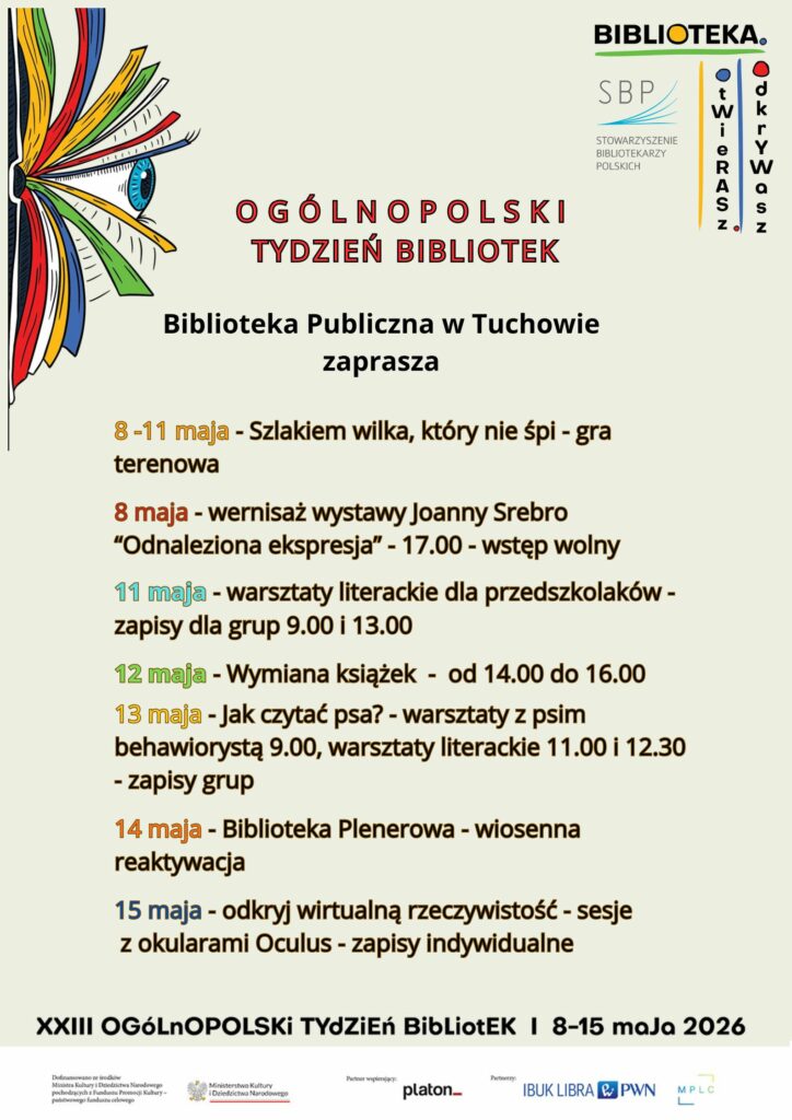 plakat z informacją tekstową program tygodnia bibliotek